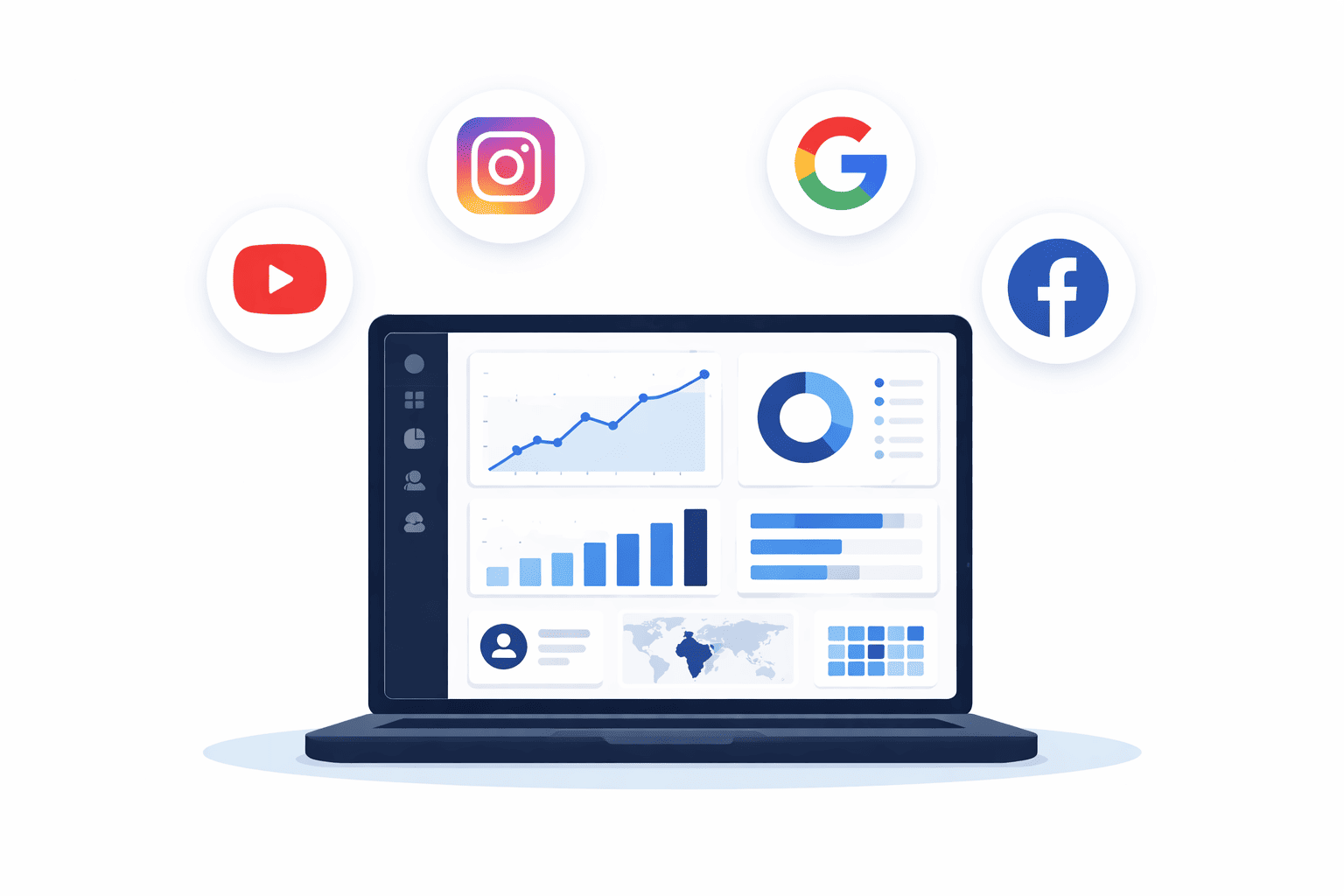 Digital marketing kya hai — laptop analytics dashboard ke saath SEO social media aur paid ads channels India mein