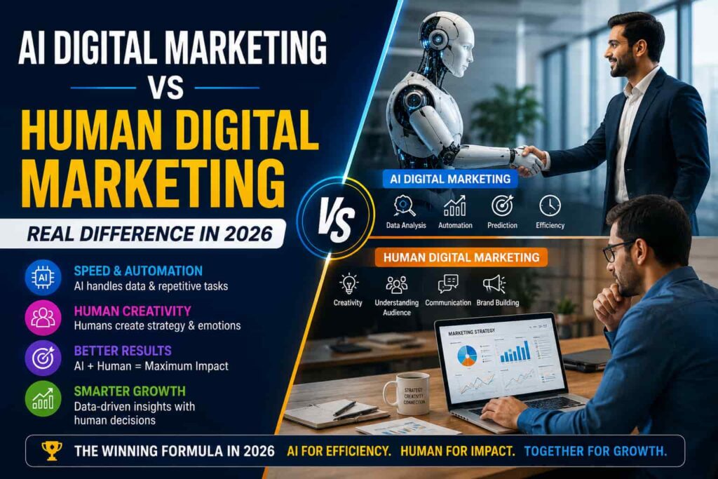 AI Digital Marketing vs Human Digital Marketing comparison in 2026 showing automation, data analysis, and AI efficiency versus human creativity, strategy, communication, and business growth.