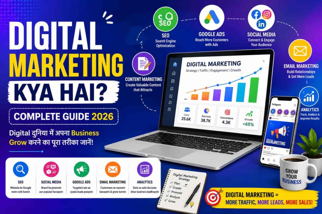 Digital Marketing Kya Hai complete guide 2026 banner featuring SEO, Google Ads, social media marketing, content marketing, email marketing, and analytics strategies for online business growth.