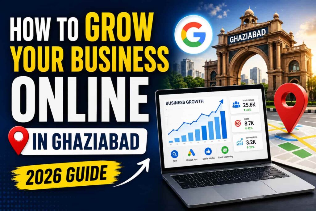 How to grow your business online in Ghaziabad guide featuring Google, local SEO, digital marketing, online visibility, lead generation, and business growth strategies in 2026.
